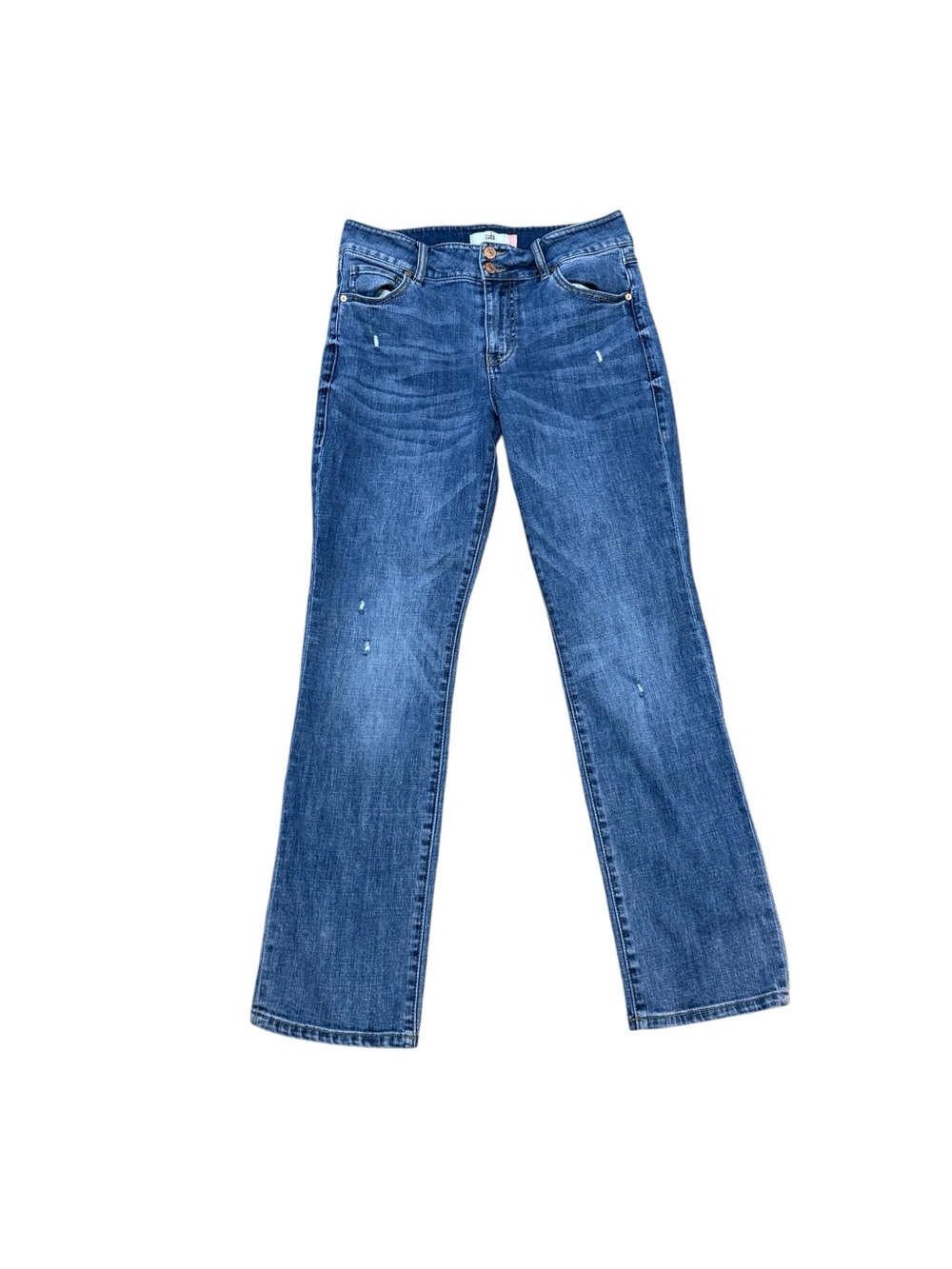 CAbi Clinch Straight Leg Jeans Size 10 Distressed Medium Wash Stretch Denim